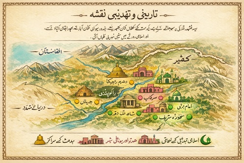 اسلام آباد اور اس کے گرد و نواح کا تاریخی و تہذیبی نقشہ جس میں بدھ مت کے مراکز، ہندو اور یونانی شہر، اور اسلامی دور کی مذہبی تبدیلیوں کی نشاندہی کی گئی ہے